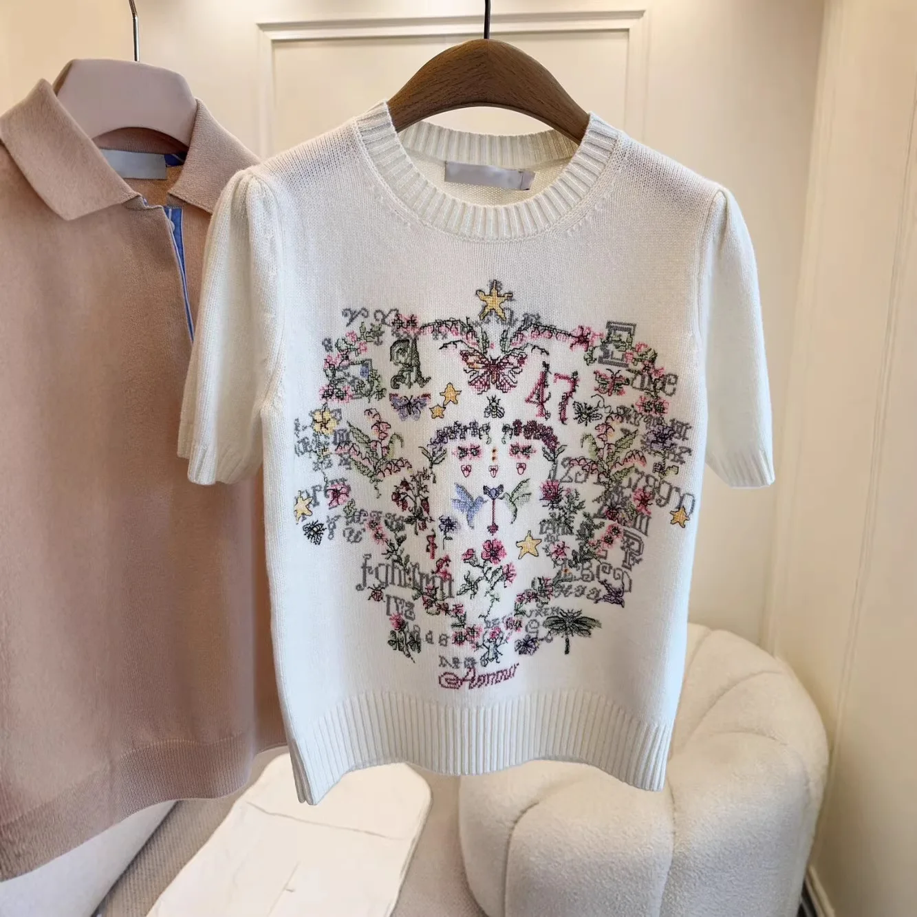 Fashion Printed Short Sleeved Knitted Shirt for Spring and Summer Korean Version High-end T-shirt Top