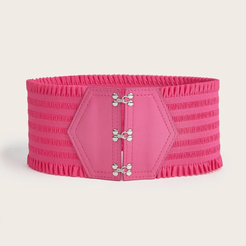 Candy Color Lotus Leaf Edge Wide Elastic Three Buckle Women Waistband Belt Fashion Dress Coat Sweater Cummerbund for Ladies