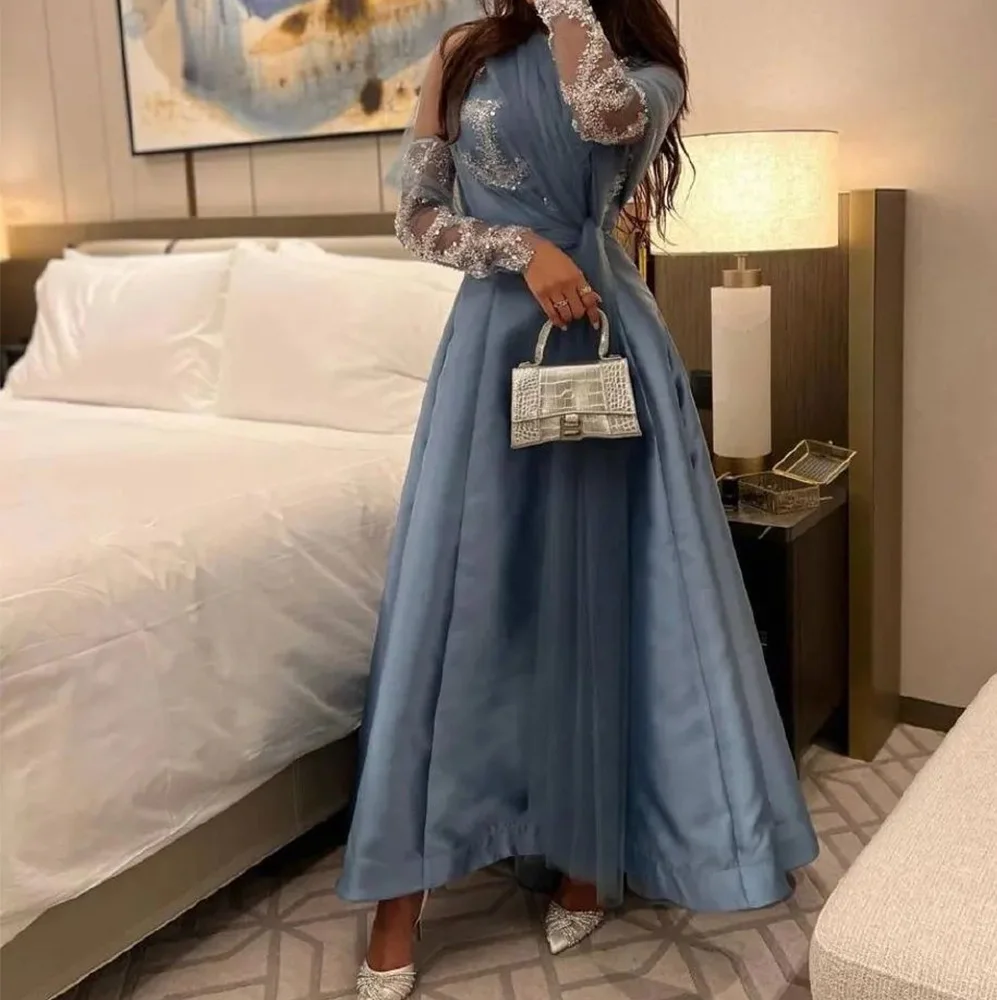 

A-Line O-neck Satin Long Sleeves Organza Elegant and Classic Evening Dresses Photo Color Sequined Pleats Saudi Arabia 2024