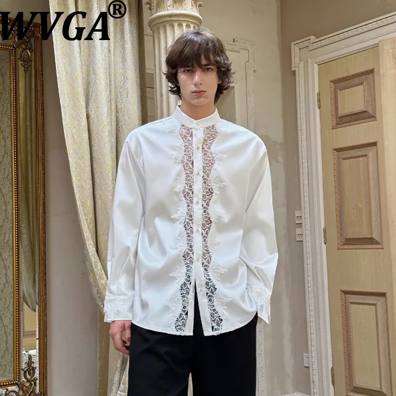 WVGA Autumn New Men High-end Lace Patchwork Trendy Long Lseeved Shirt Niche Chic Casual Stand Up Collar French-style Tops W27901