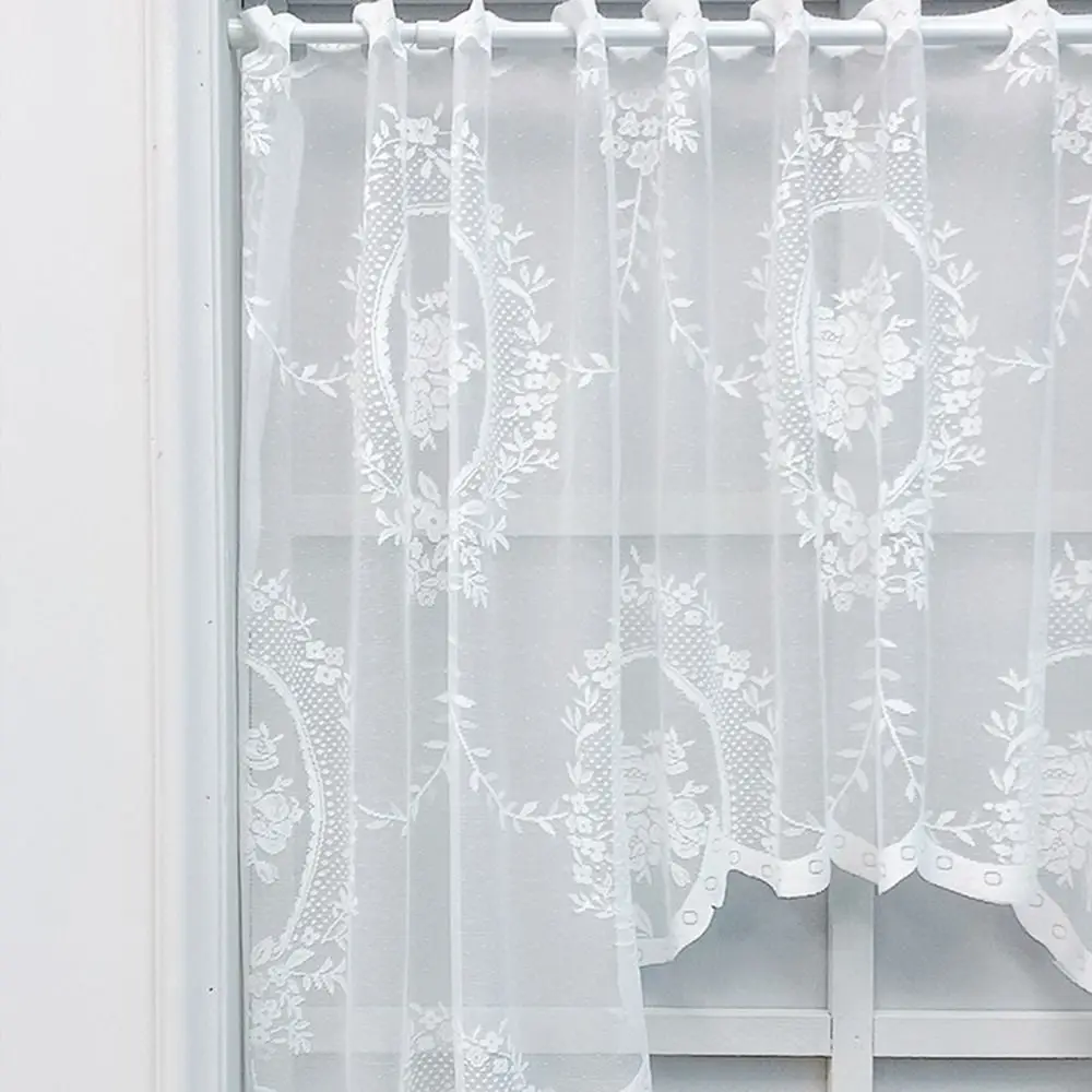 Embroidered Lace Door Curtain Nordic Hollow Knitted Sheer Floral Window Valances Wave Rod Pocket Top Flowers Short Drapery