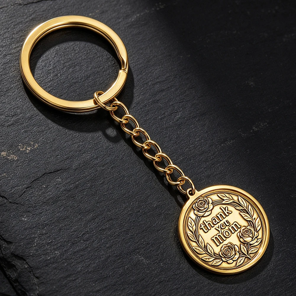 Thank You Mom Keychain Brass Embossed Vintage Rose Wreath Pendant Key Ring Stainless Steel Key Chain Mother's Day Gift for Mom