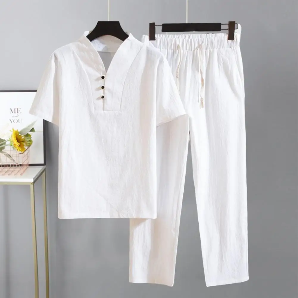 2025 الأمريكية أربعة مواسم الكتان الرجال رداء غير رسمية فضفاضة طويلة الأكمام السراويل قميص دعوى الرجال رياضية مجموعة #5