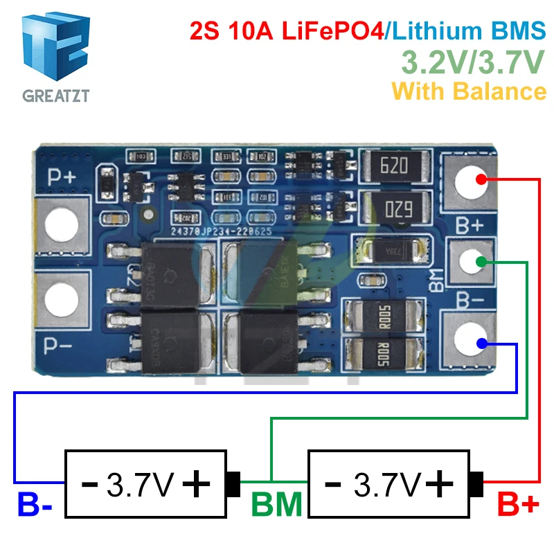 TZT BMS 2S 3.2V 3.7V 10A LiFePO4 / Lithium Battery Charge Protection Board 6.4V 7.2V 18650 32650 Battery Packs With Balance