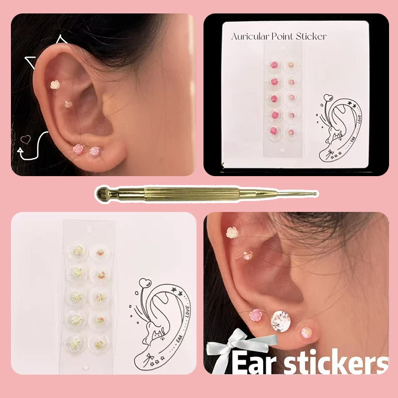 

10 Patch Fashion Colorful Rose Round Rhinestone Ear Point Stickers Ear Pressure Stick Acupuncture Auricular Ear Stickers Massage