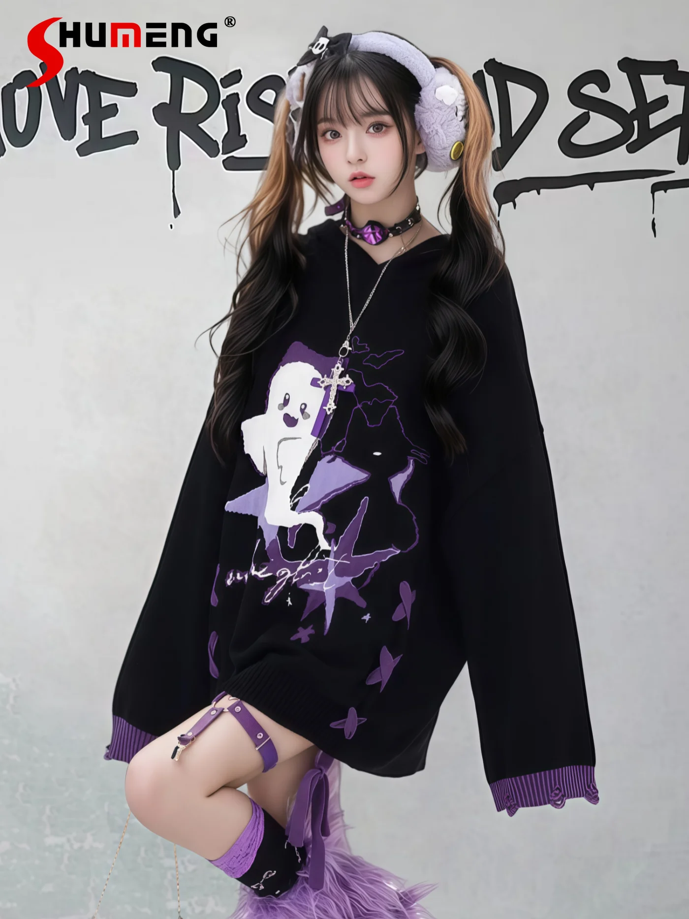 

Highstreet Sweet Cool Subculture Ghost Hooded Pullover Top Cross Lace-up Bow Loose Versatile Casual Knitted Sweater Women Autumn