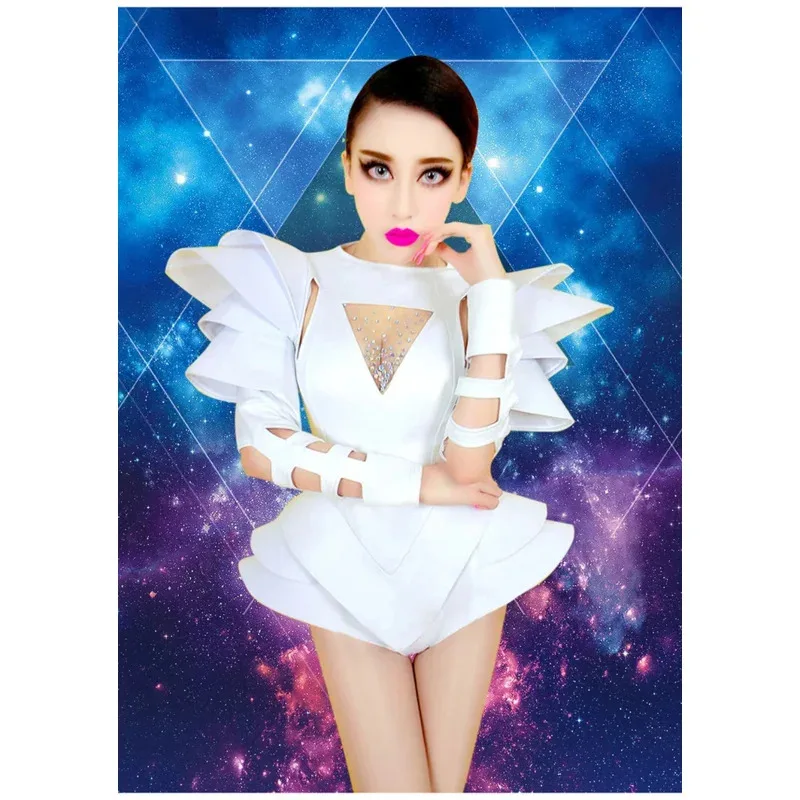 

Female Jazz DJ Dance Costumes White Rhinestone Bodysuit Performance Stage Wear Nightclub Bar Party Show Women singer FV4668