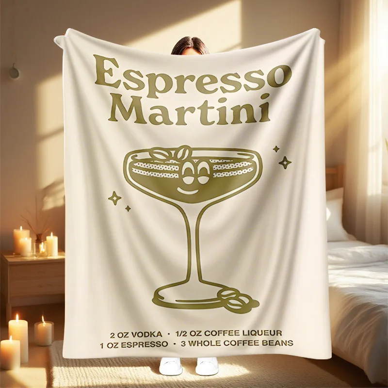 1pc Espresso Martini Print Throw Blanket - Martini Glass & Olive Design with Espresso Beans & Vodka/Liqueur Labels - All-Season