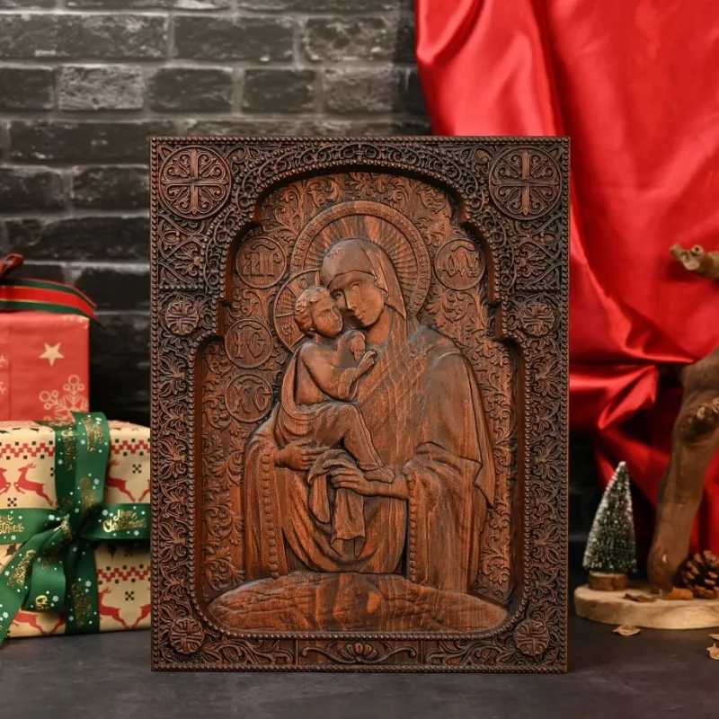 

Hand Carved Wooden Icon of Orthodox Religious Wall Art Home Decor Gift
