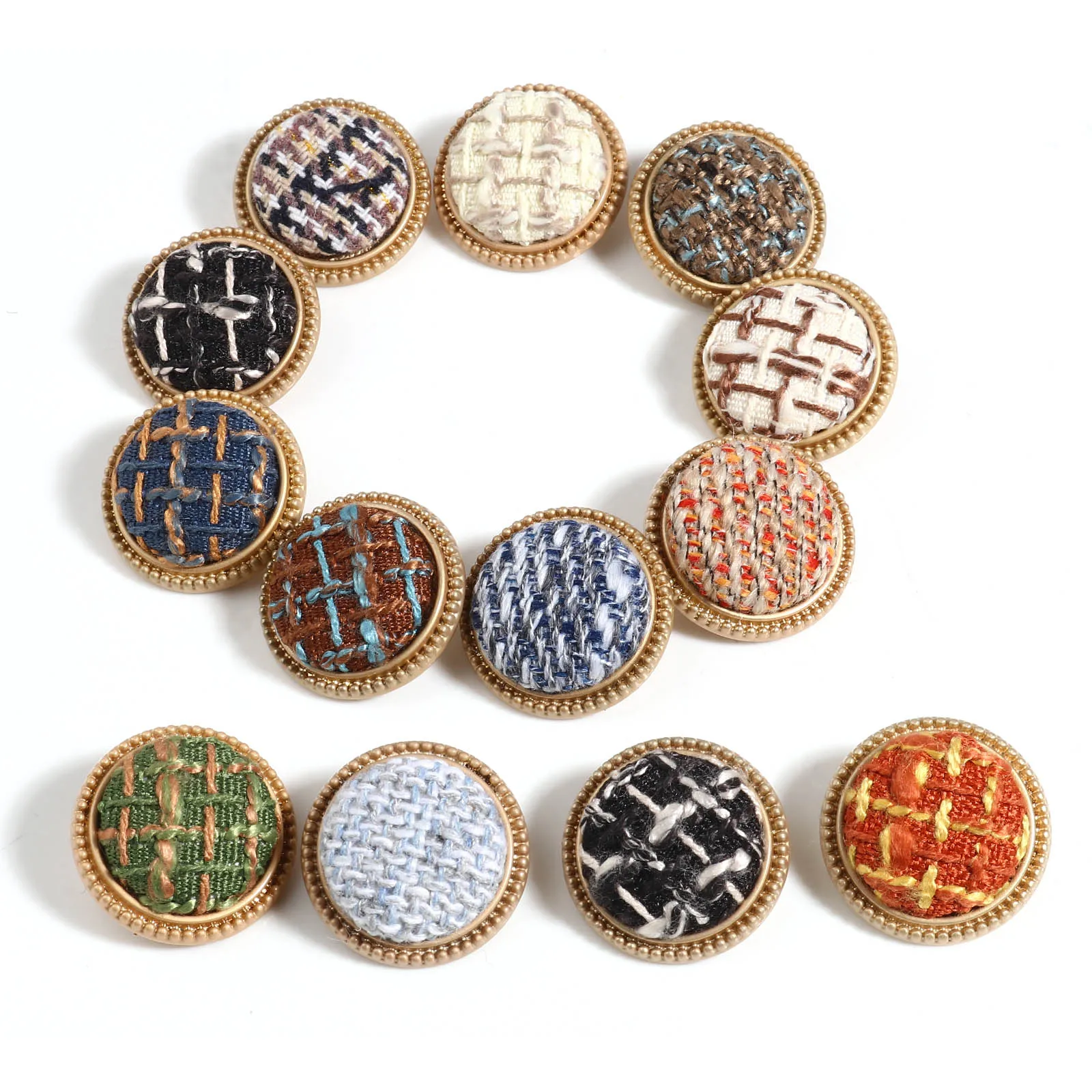 5pcs Tweed Plaid Fabric Covered Metal Gold Buttons Round Shank Buttons Patchwork Sewing DIY Cardigan Clothes Garment Accessory