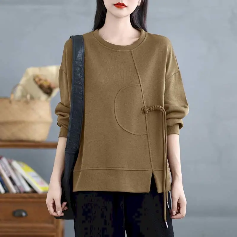70% Cotton Pullovers Women Fashion Design Drawstring Pullover Casual Loose O-neck Short Tops Spring Autumn Long Sleeve T Shirt