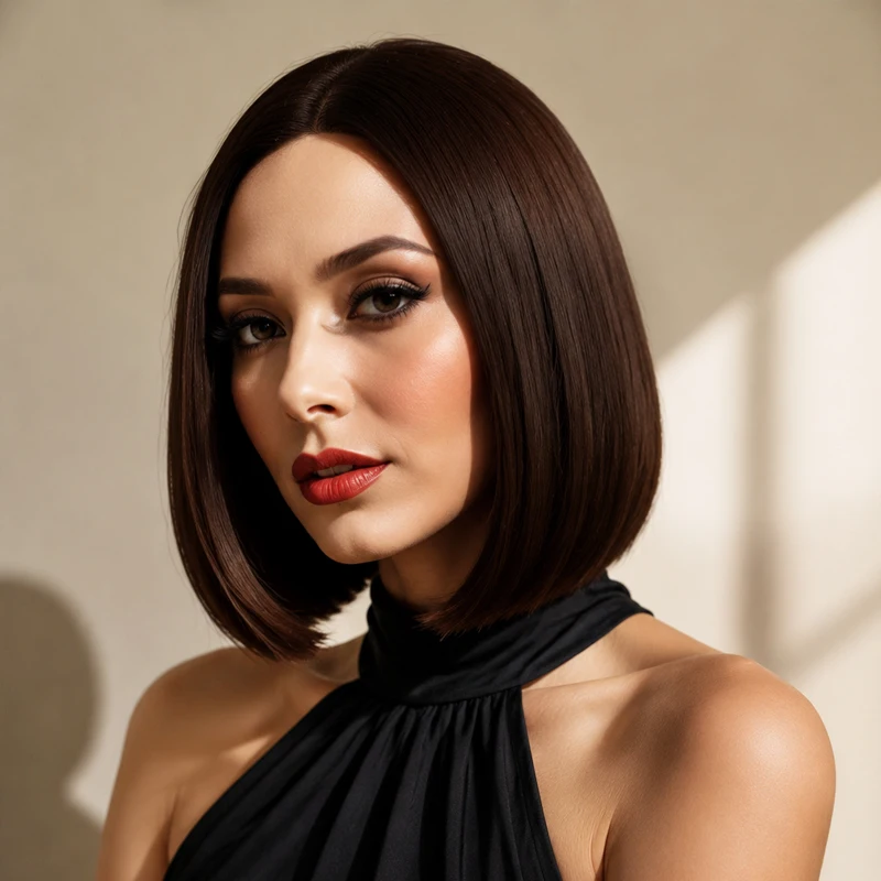 Natural, smooth, dark brown, center-parted 12-inch synthetic wig, suitable for all women's everyday cosplay looks.