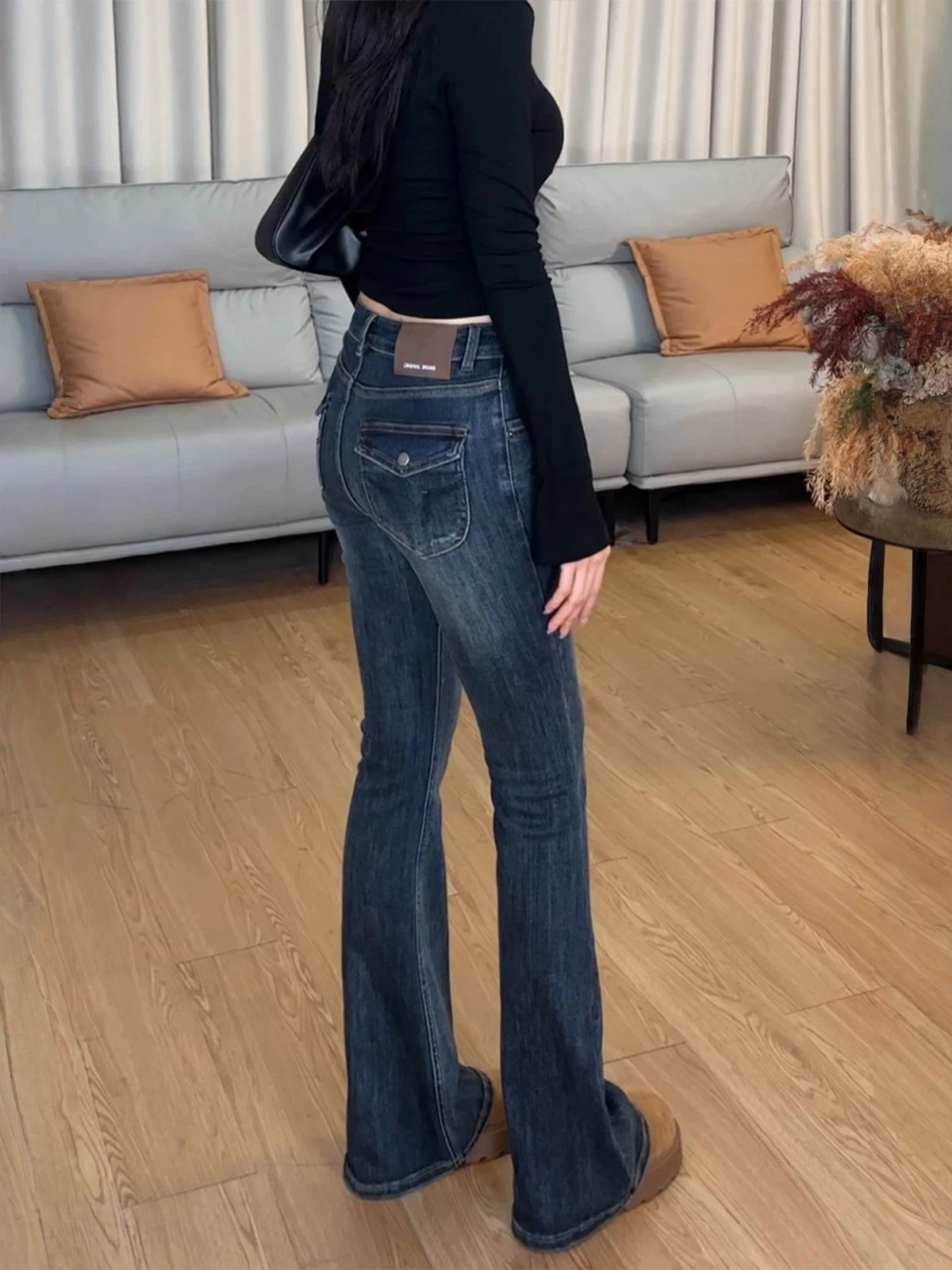 Retro American Spicy Girl Tightened Bell Bot Jeans Women's Spring New Sle Elastic Slimming Fce Lined Long Pants