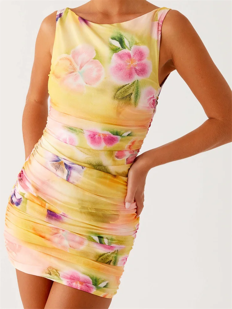 

CHRONSTYLE Women Summer Mini Tank Dress Sleeveless Round Neck Ruched Floral Print Above Knee Pencil Dresses Party Vestidos 2025