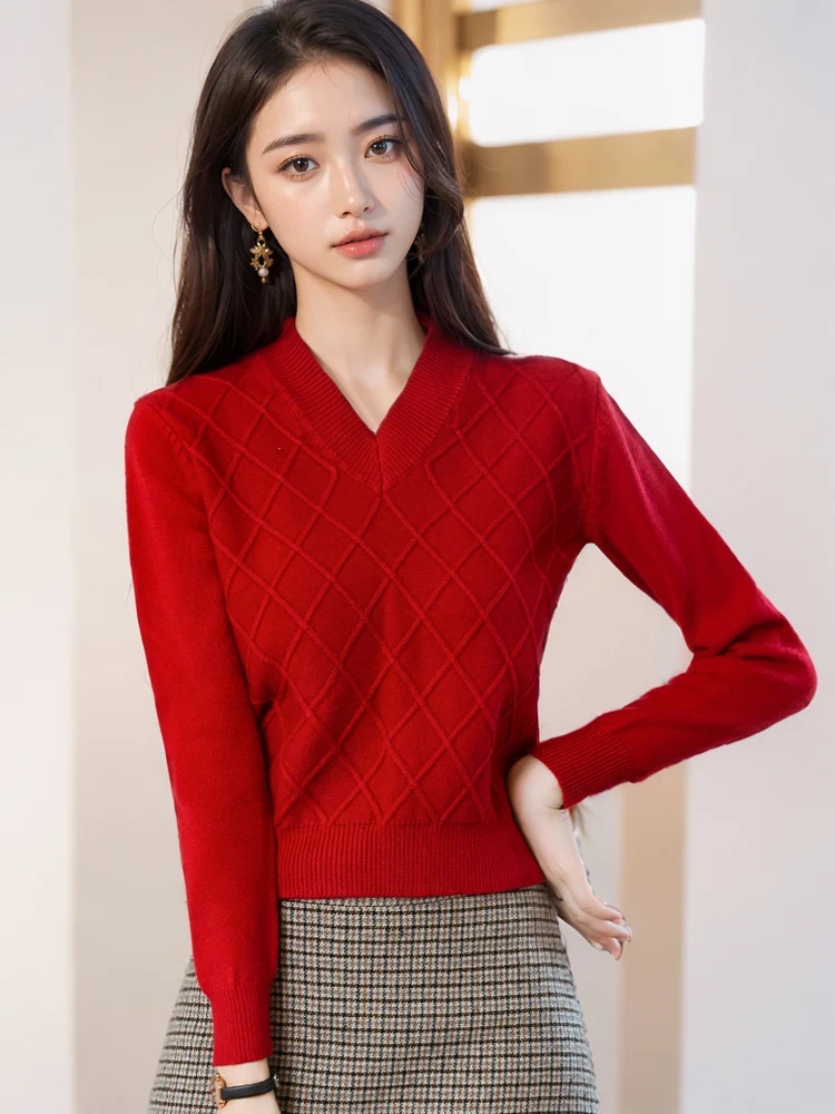 

Thiened V-Ne ort красный вязаный свитер женский Sle 2024, новинка осени и зимы, внутренняя одежда небольшого размера, базовый топ