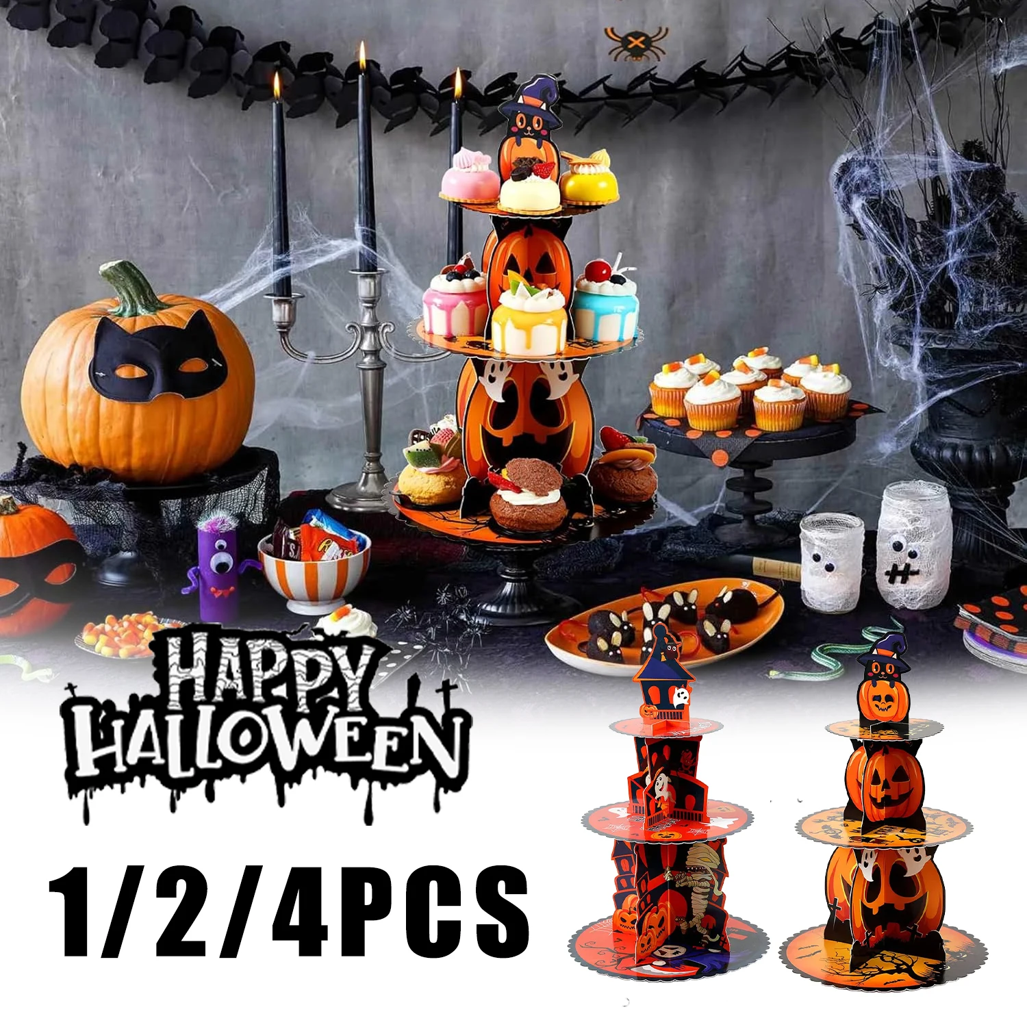 Neuester 3-stufiger Cupcake-Ständer mit Kürbismotiv, Halloween-Dessertturm, Pappräsentation, gruselige Party-Dekoration, schnelle Montage, Geschirr