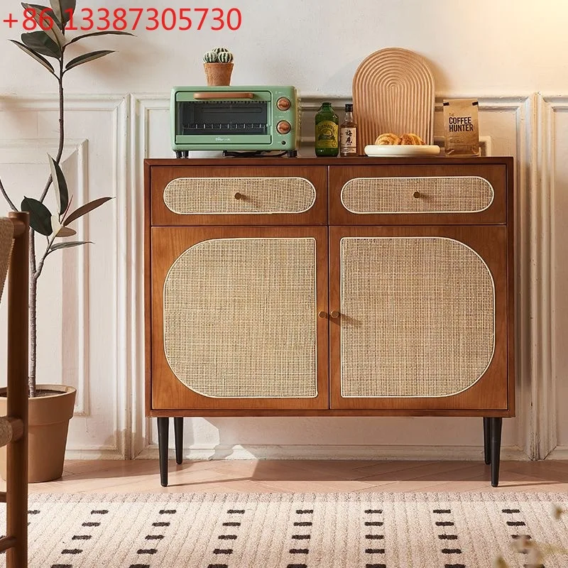 

Ретро обеденный боковой шкаф из цельного дерева, японский ротанговый двойной ящик, шкафчик для хранения вещей