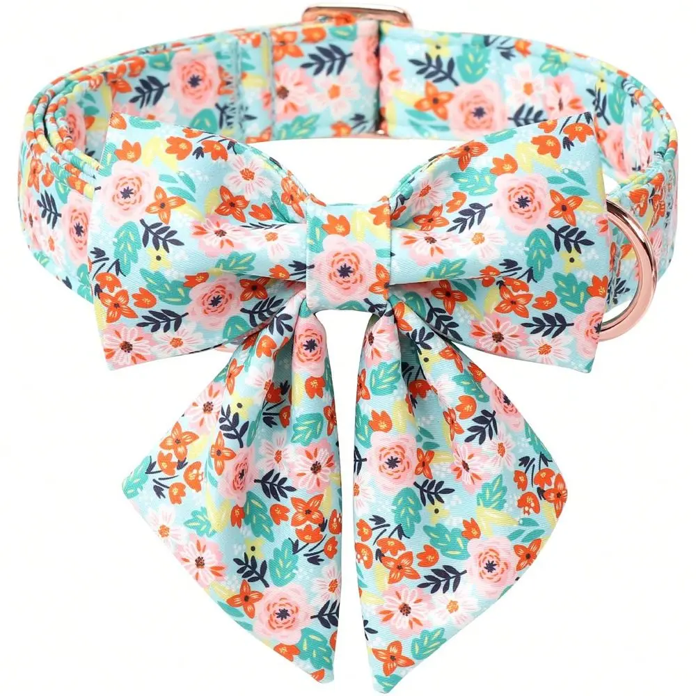 Pet Floral Dog Collar With Bow Tie Adjustable Blue Flower Lady Bow Collar Breathable Comfort SpringSummer Dog Collars For Small