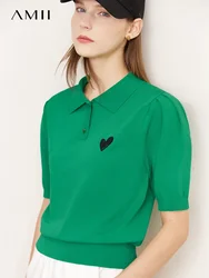 AMII-Tops de punto minimalistas para mujer, Camiseta con cuello tipo POLO, prendas de punto con bordado de corazón dulce, 2023
