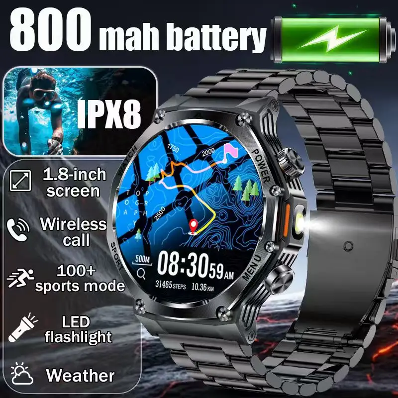 

2025 New Smart Watch Men 800mAh Large Capacity Battery Outdoor Flashlight Bluetooth Call Waterproof Sport Fitness Smartwatch