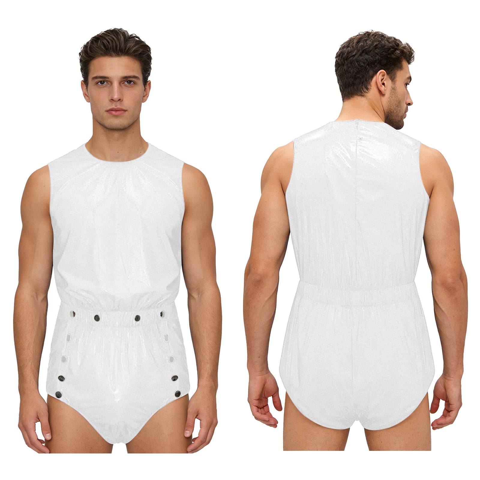

Mens Sleeveless Glossy PVC Leather One-piece Romper Jumpsuit Waterproof Bodysuit Buttons Openable Crotch for Clubwear Swimming