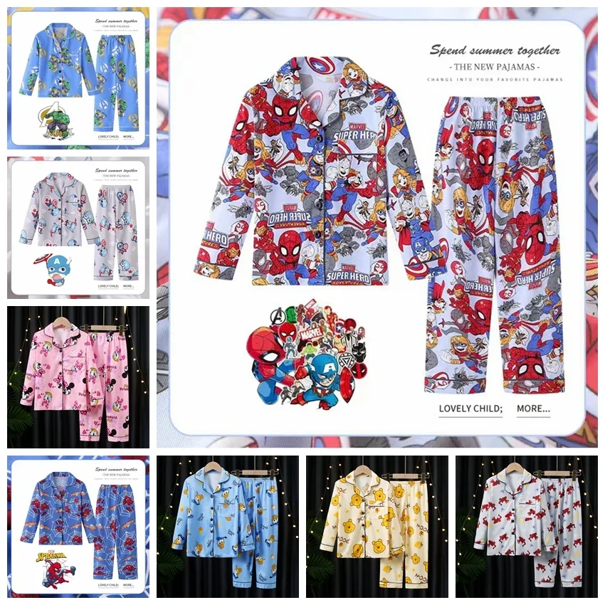 Kid Pajamas Sets Cartoon Avengers Spiderman Mickey Minnie Pooh Baby Boy Girl Long Sleeve Home Sleepwear Children Nightgown Suit