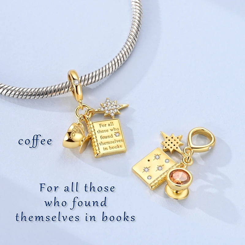 Original 925 Sterling Silver Charm Bead Gold Book Classic Coffee Cup Pendant Fit Original Bracelet For Women DIY Jewelry Gift
