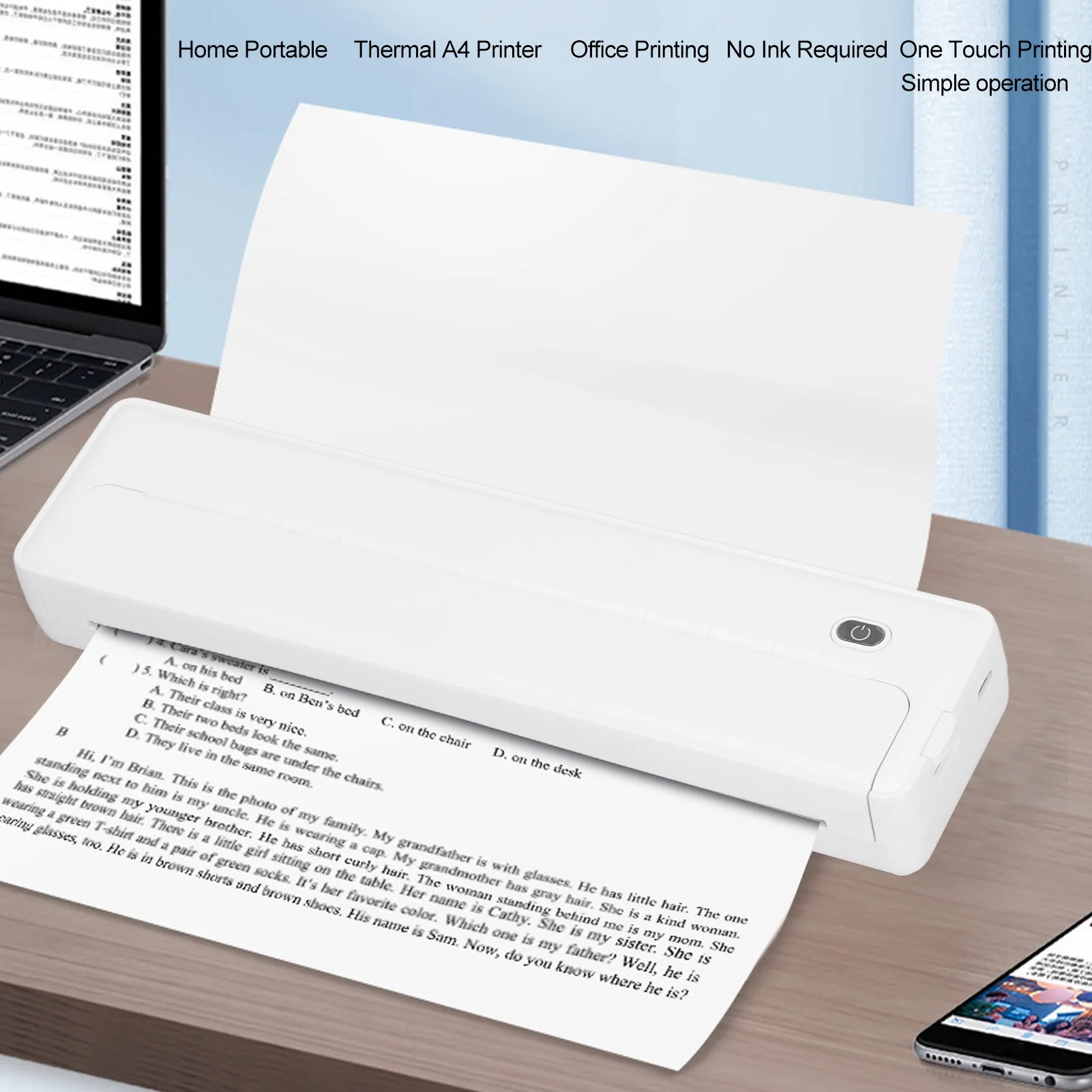 

Portable Wireless Printer Bluetooth A4 Thermal Inkless Printer with App for Photo Label Receipt Study Notes Home School Office