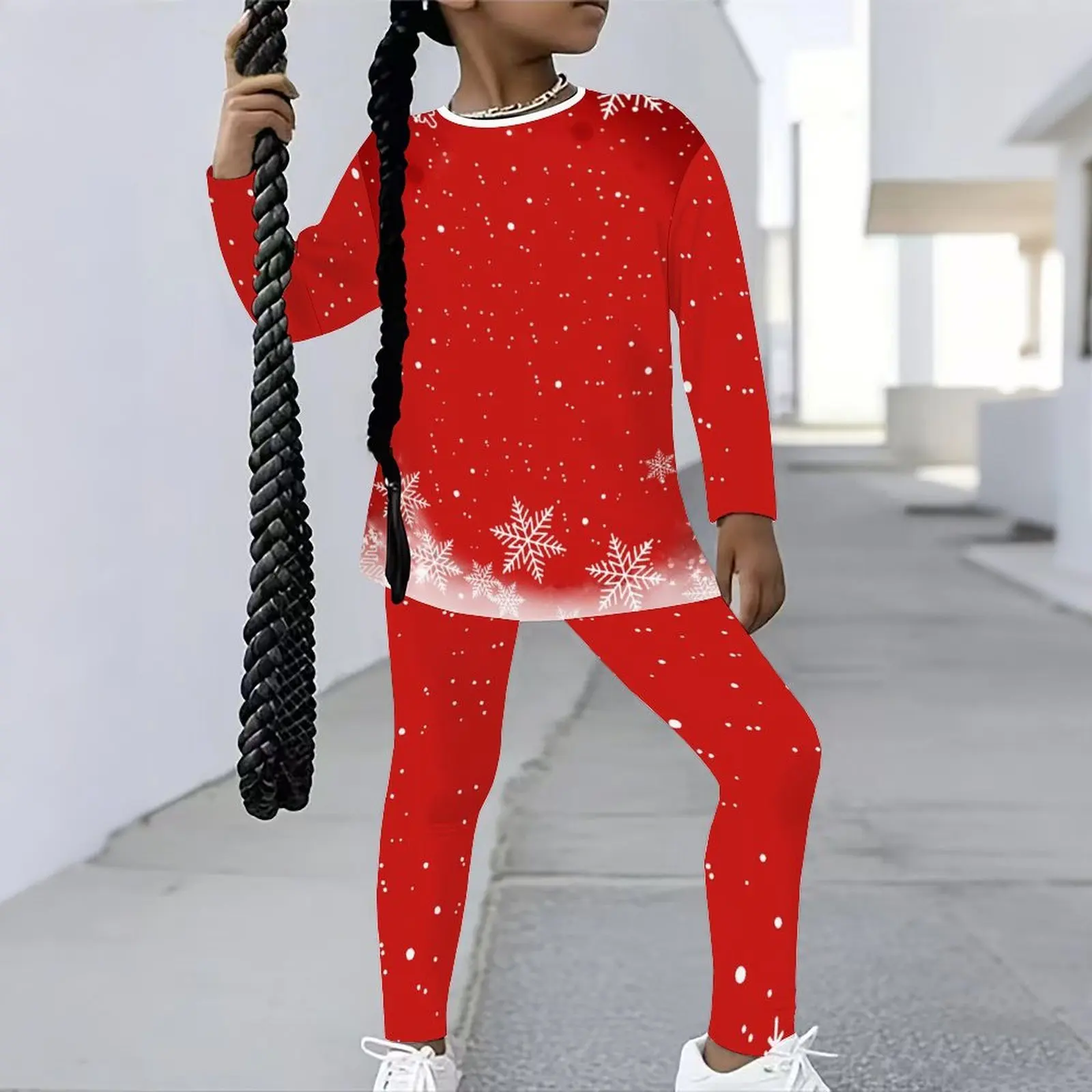 Winter Christmas Jogging Pants Girls Print Long Sleeve Round Neck Top Cute Two-Piece Daily Casual T-shirt Autumn Leggings