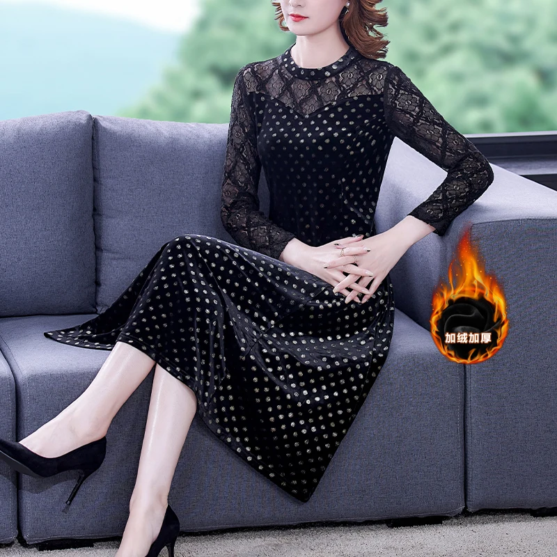 Autumn Winter Black Polka Dot Velvet Patchwork Midi Dress Women Chic Lace Hollow Out Sexy Dress 2024 Korean Vintage Night Dress