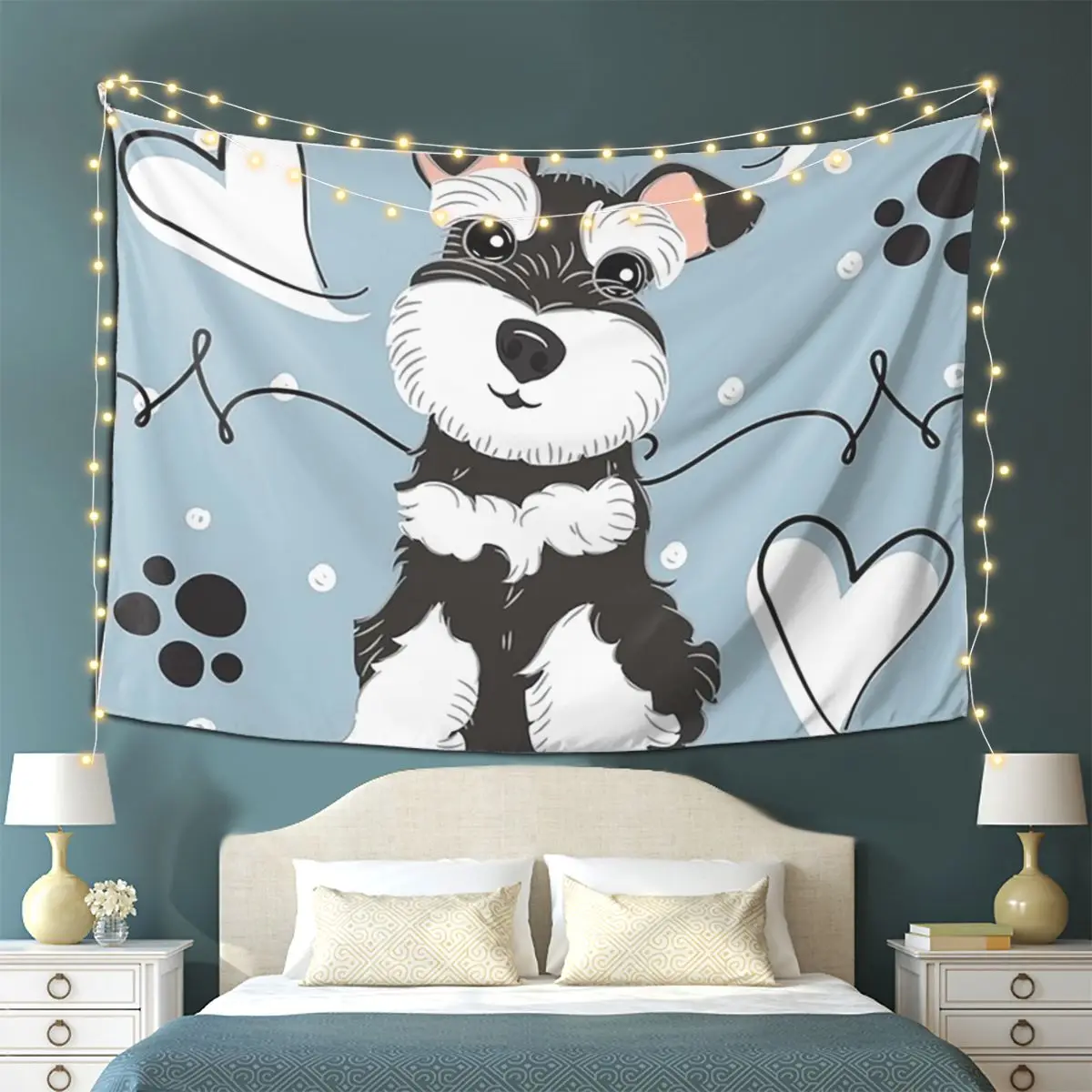 Love Black And White Miniature Schnauzer Tapestry Wall Hanging Aesthetic Home Decoration Tapestries for Living Room Bedroom