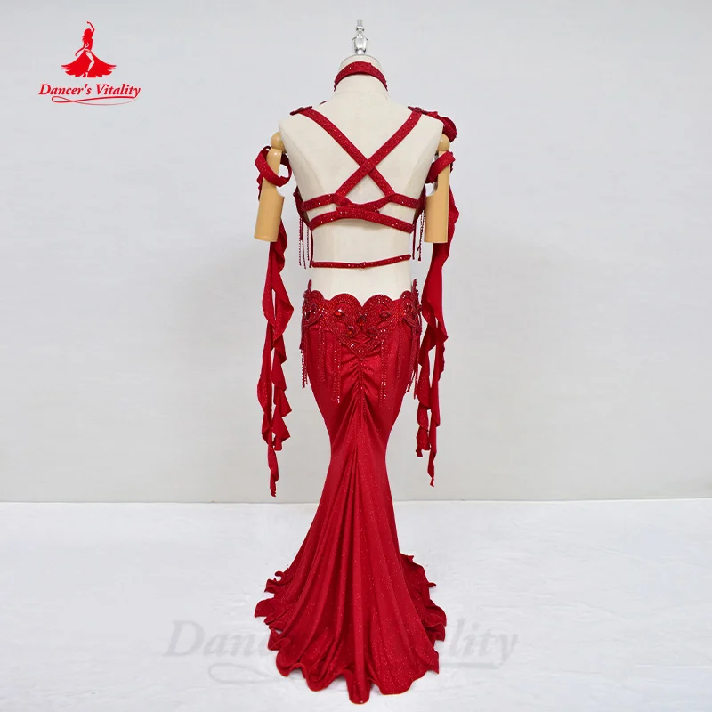 BellyDance Costume Women\'s Customization AB Stones Tassels Bra+sexy Split Long Skirt 2pcs Oriental Dance Performance Costumes