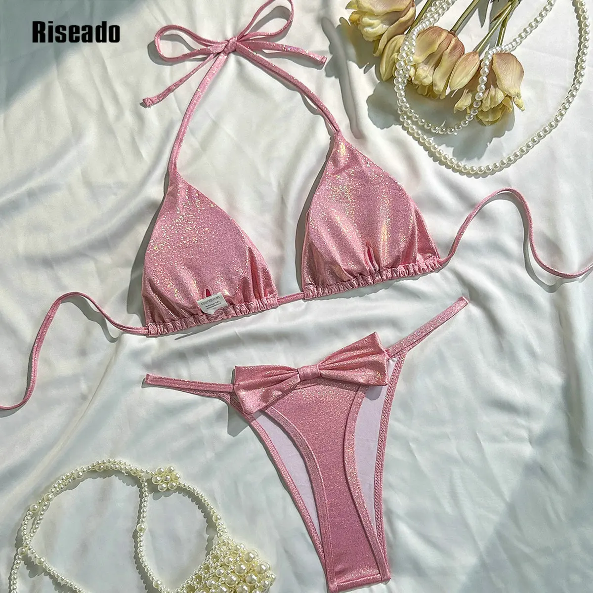 أطقم بيكيني نسائية بربطة عنق خلفية مكونة من قطعتين ملابس سباحة رفيعة للحفلات اللامعة #5