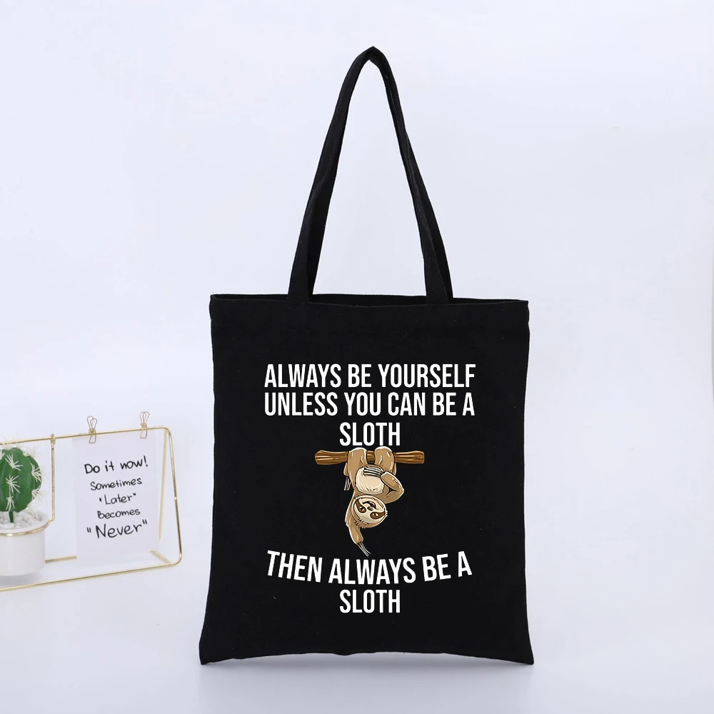 Sloth Animal Graphic Black Canvas Tote Bag with Slogan Print, Casual Style for Daily Shopping