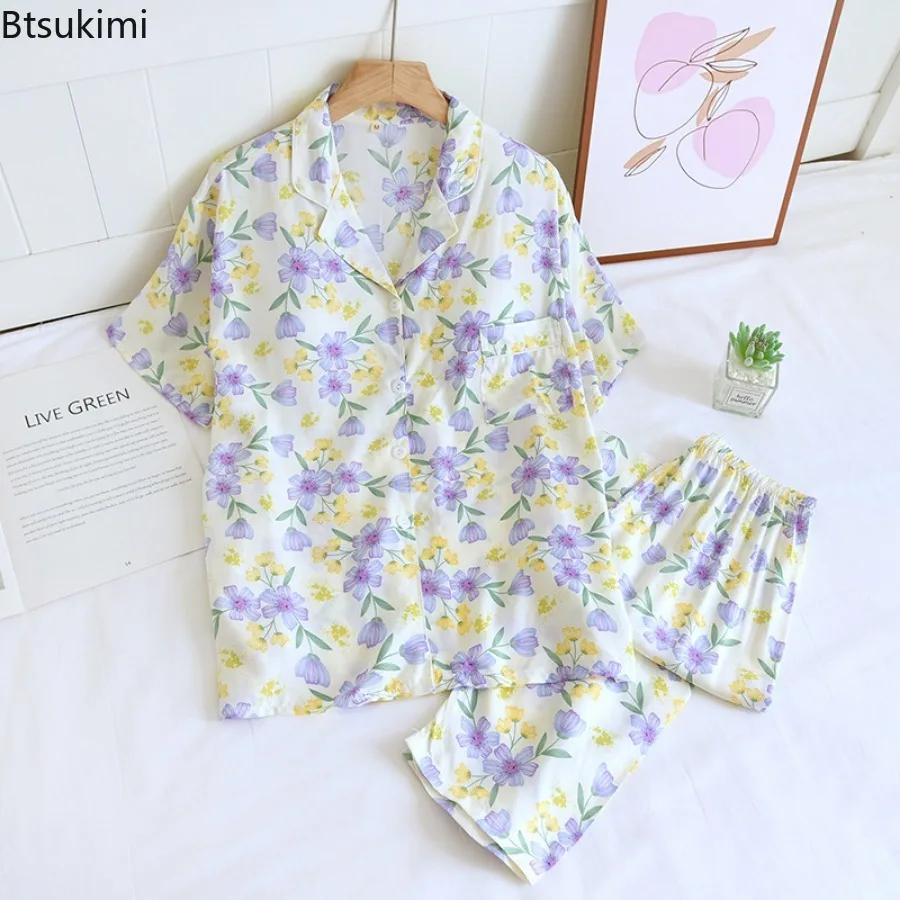 Women's Summer Casual Pajamas Set with Chest Cushion Home Pijima Two-piece Suit for Sleepwear Printed Plus Size Female Pijima