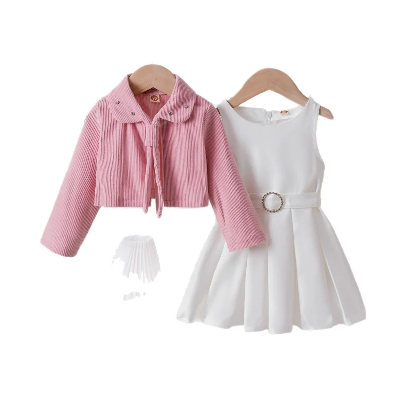 

Winter Girls' Outfit Solid Color Ribbed Thickened Jacket with Strap Dress Two-Piece Set