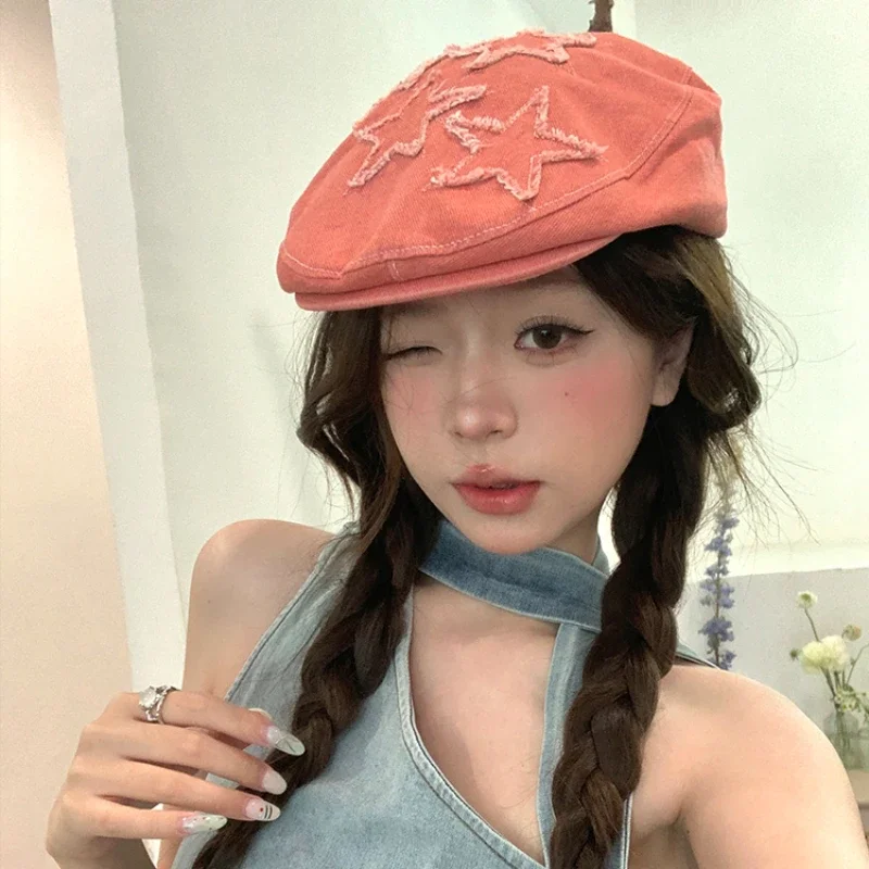 

Y2k Personalized Star Washed Cotton Forward Hats for Men and Women Summer Fashion Versatile Street Sunscreen Trend Berets Cap