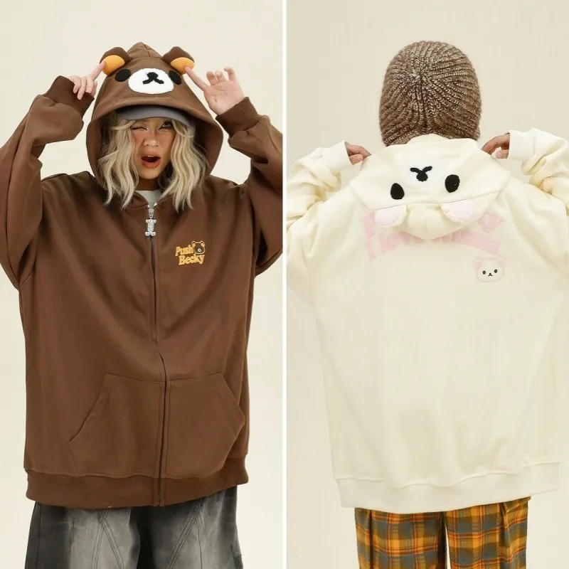 

Cut Rilakkuma Hoodie Chic Embroidered Little Bear Pattern Zip-Up Sweatshirt New Stylish Women's Autumn/Winter Insulated Jacket