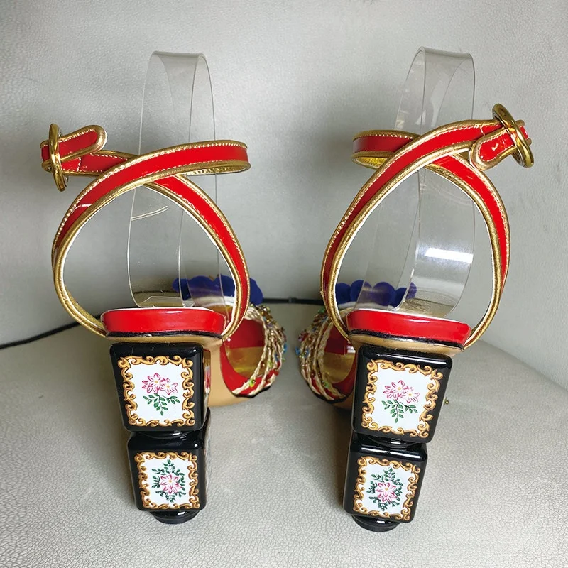 

Luxury Retro Rhinestone Floral Block Heel Sandals Women's Red Black Gold Ankle Strap Open Toe High Heels Dress Shoes for Party