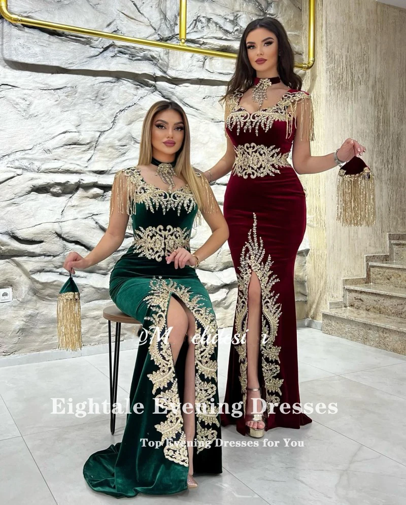 Eightale Karakou Algerien Arabic Evening Dresses High Neck Appliues Gold Lace Mermaid Prom Gown Customized Caftan Party Gowns