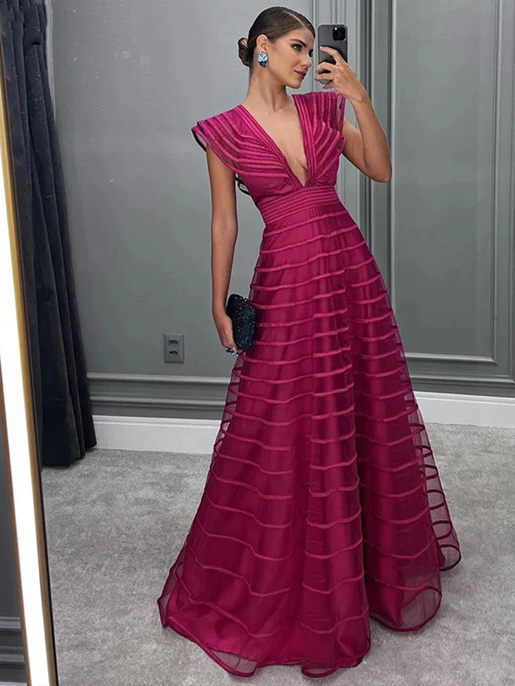 Prom Dresses Women V Neck Cap Sleeves  A-Line Pleat Ruched Saudi Arabic Evening Gown Formal Party Dress Special Occasion Dress