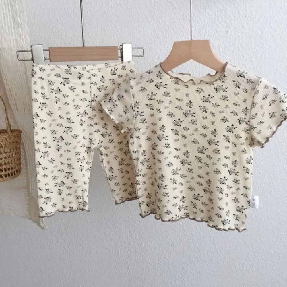 1-6Y Girls' Summer Clothes Set T-shirt Children's New Korean Small Floral Baby Ruffled Edge Short Sleeve Thin Knitted Tops+ Pant