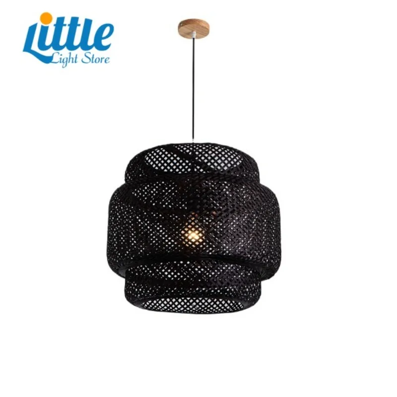 Bamboo Handmade Lamp Rattan Art Chandelier Lamps Ding Room with E27 Bulb Led Black Chinese Style Weaving Hanging Lamps