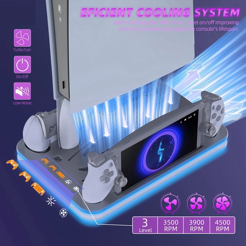 Controller Charging Dock With RGB Light Fan Cooling Base Charging Stand For PS5 Pro/Slim/For PS5 Full Series Console