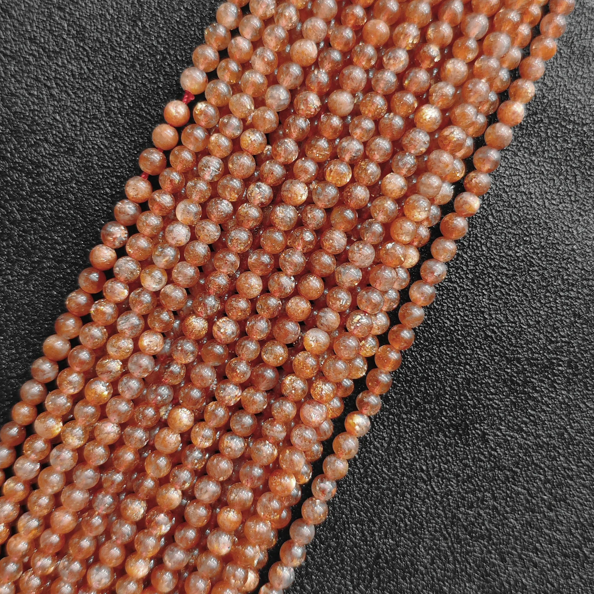 Gold Sunstone Micro Round Gemstone Loose Beads 4mm Sparkly Copper Glitter Beads Strand for DIY Delicate Bracelet Design