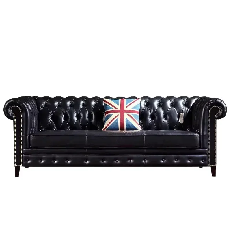 American leather sofa retro pull button straight row oil wax first layer cowhide three-person combination villa Italian style
