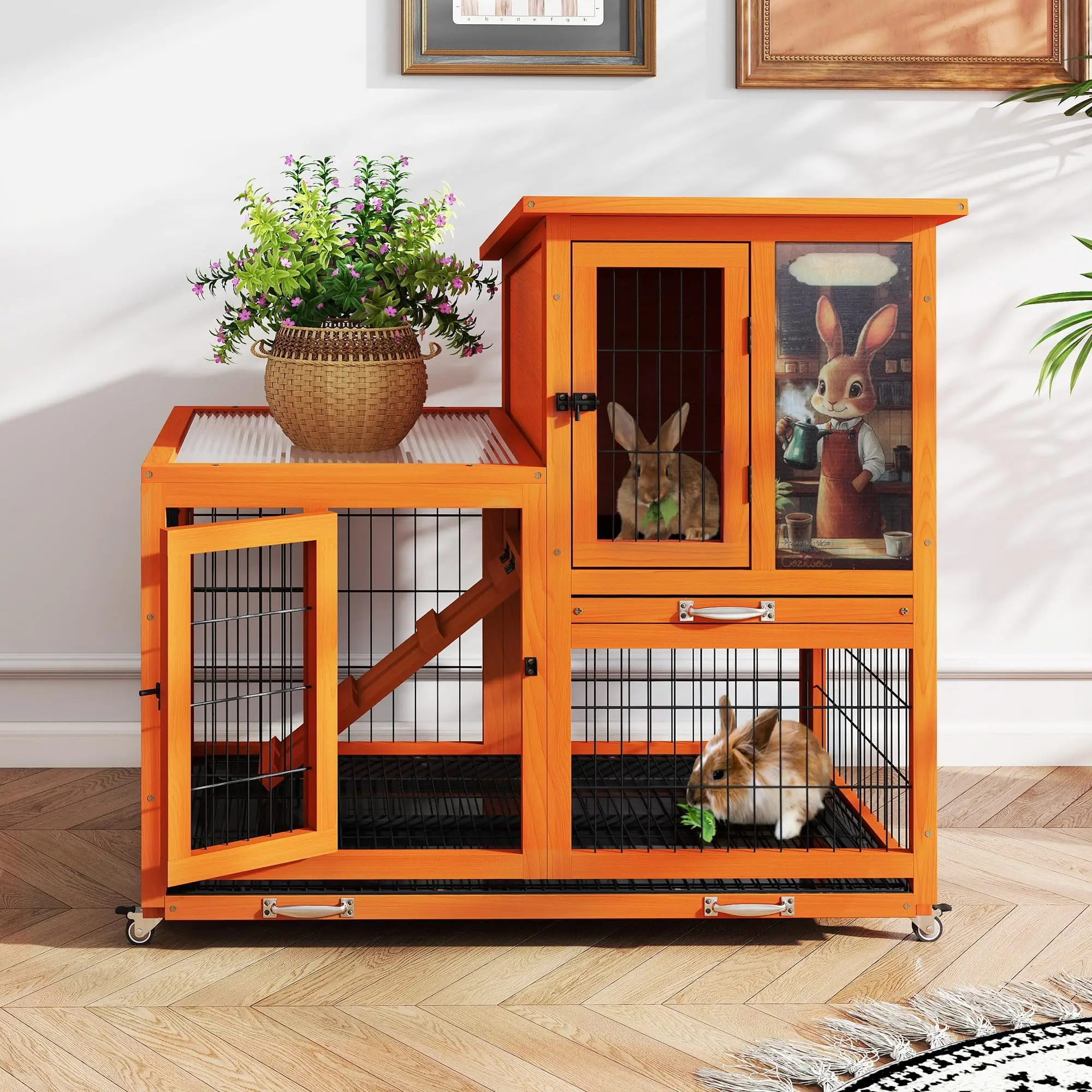 Rabbit Hutch Indoor Outdoor with Wire Floor & Removable Tray Orange