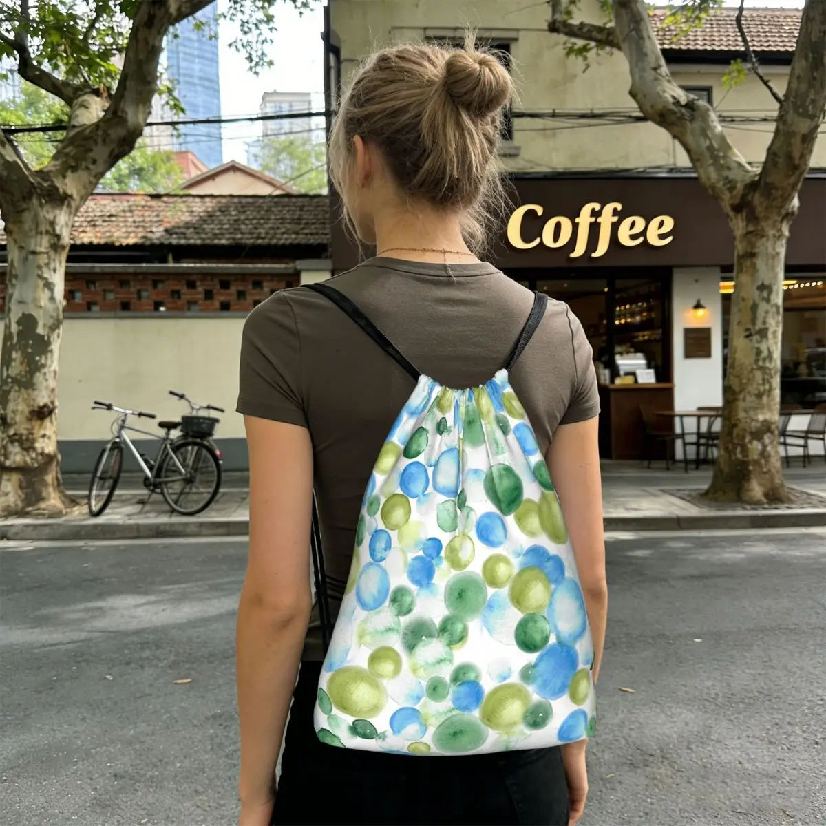 Green And Multicolor Bubble Print Backpacks Casual Drawstring Bags Sports Bag Book Bags for Travel Students