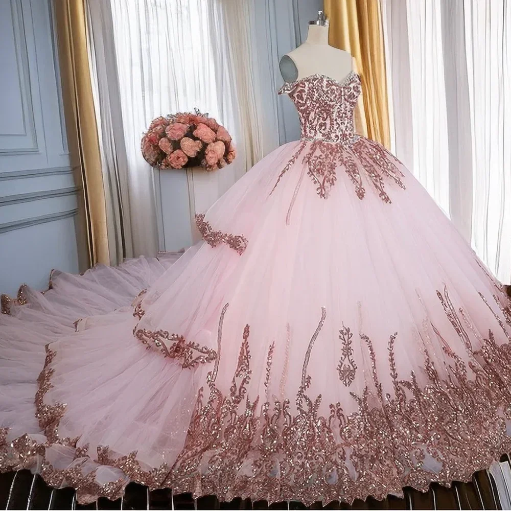 

Elegant Pink Sequined Appliques Evening Dresses Chic Off The Shoulder Pleat Ball Party Gowns Fashion Court Train Prom Dresses