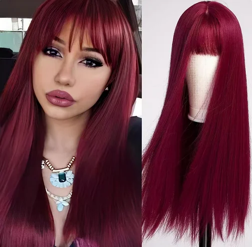 Penjualan Terbaik wig fashion wanita anggur merah rambut lurus panjang serat sintetis sutra suhu tinggi seluruh mekanisme set kepala